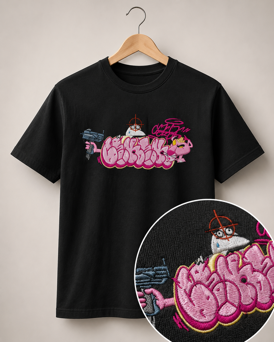 Polera Bordada Pantera Rosa Grafiti
